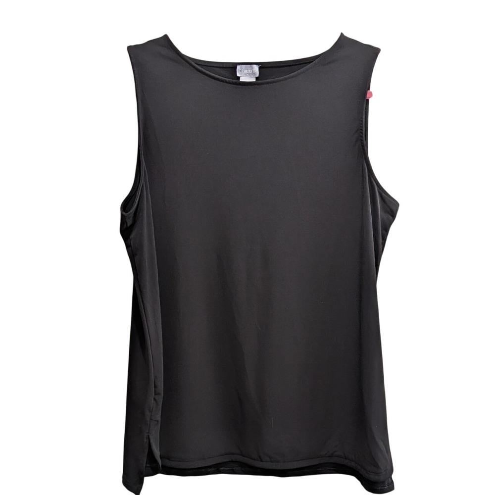 Chico's Womens 2 Large Black Sleeveless Stretch Shell Top Side Slits Layering